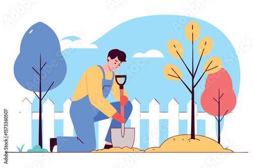 Person planting tree in garden, eco-conscious activity vector, sustainability, green earth initiative, gardening, reforestation, environmental care