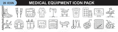 Medical Equipment Line Icons Collection Pack - Vector icon set showcasing various medical equipment such as hospital beds, MRI machines, crutches, and surgical tools in line style.
