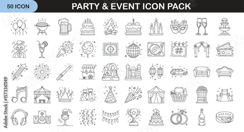 Party and Event Icon Set for Designers - A collection of 50 line-style icons themed around parties and events, ideal for invitations, websites, and digital projects.
