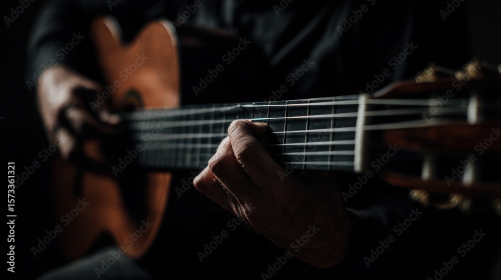 Fototapeta premium Classical Guitarist in Low Light: A Melodic Moment