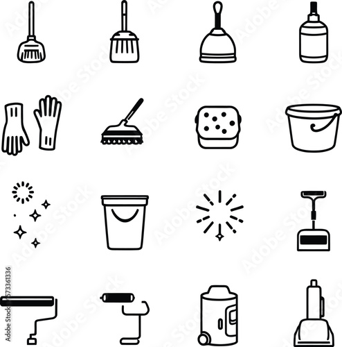 Black-and-White Vector Illustration of Cleaning Tools & Supplies – 16-Item Domestic Hygiene Grid