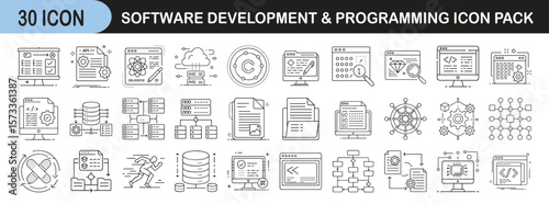 Outline icon set for software development and programming - Linear icons representing software engineering concepts such as coding, databases, debugging, APIs, UI/UX, cloud computing, and system