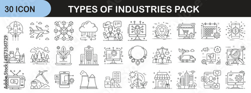 Outline icon set representing different industry sectors - Linear icons illustrating various industries such as agriculture, healthcare, technology, retail, energy, education, finance, media, and tour