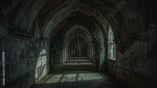 Mysterious Abandoned Corridor with Vines