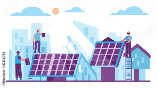 Workers installing solar panels on rooftops in a city with sun and clouds in the background scene