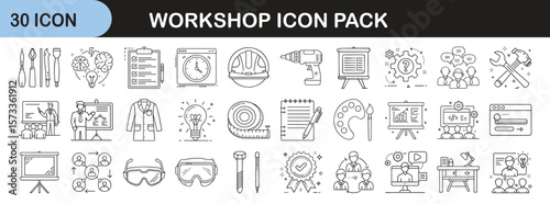 Outline icon set for workshops and hands-on training - Linear icons representing workshop activities, tools, and collaboration including drills, charts, teams, safety gear, presentations, and project 