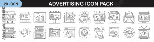 Outline icon set for advertising and marketing campaigns - Linear icons illustrating advertising tools and concepts including billboards, email marketing, audience targeting, social media, branding, a