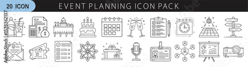 Outline icon set for event planning and coordination - Linear icons illustrating event planning elements such as calendars, cakes, guest lists, microphones, invitations, seating charts, and decoration