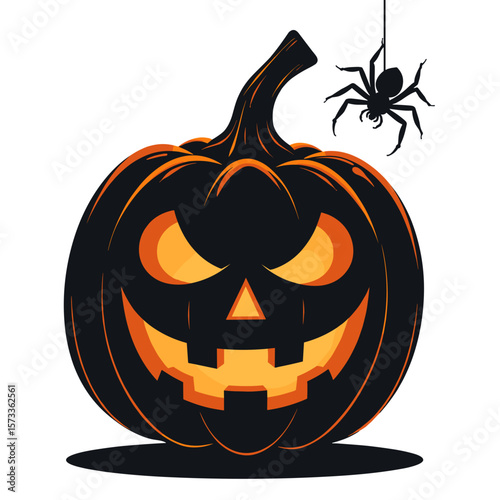Jack-o'-lantern with a spider hanging on a white background and copy space
