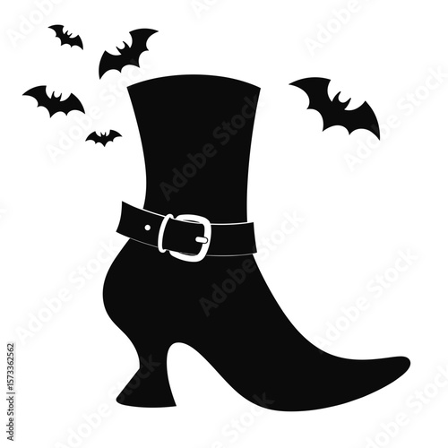 Black witch boot with a buckle and bats flying around on a white background with copy space
