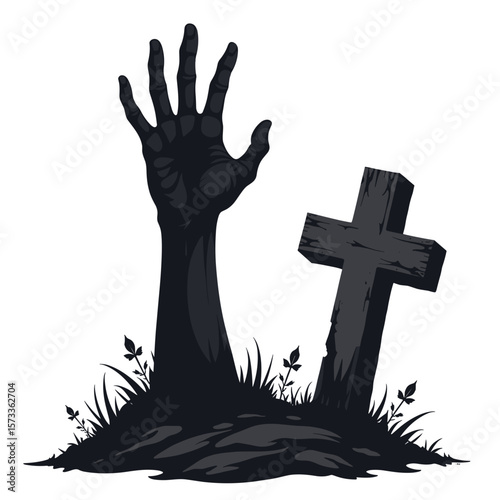Black silhouette of a zombie hand emerging from the ground next to a grave cross on a white background with copy space
