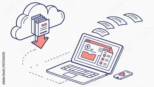 Cloud storage data transfer to laptop and mobile phone for file sharing and backup process solution concept