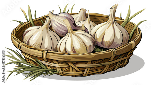   close up Pale organic garlic bulbs with papery skin and long roots rest in a rustic basket, perfect for illustrating the timeless value of nature’s flavor and healing in vector art.. White backgroun