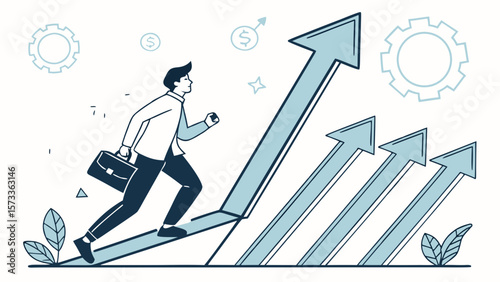 Business growth strategy and career development with rising arrow and businessman illustration vector design