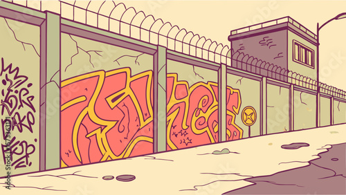 Graffiti art prison wall vector illustration urban street art design with barbed wire and guard tower scene