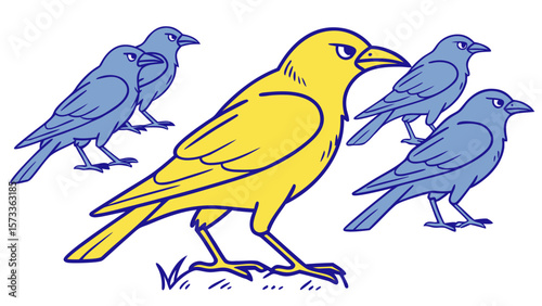 Illustration of yellow bird surrounded by blue birds concept of standing out from the crowd design