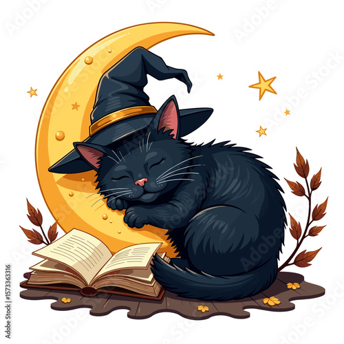 Sleeping black cat wearing a witch hat resting on a crescent moon beside an open book on a white background with copy space