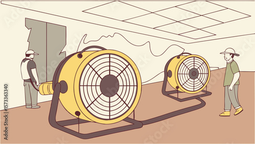 Water damage restoration drying equipment industrial fans for building flood cleanup and repair service
