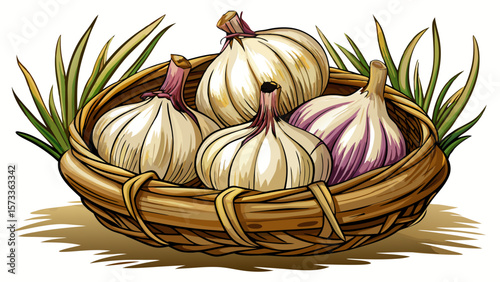  close up Pale organic garlic bulbs with papery skin and long roots rest in a rustic basket, perfect for illustrating the timeless value of nature’s flavor and healing in vector art.. White backgroun