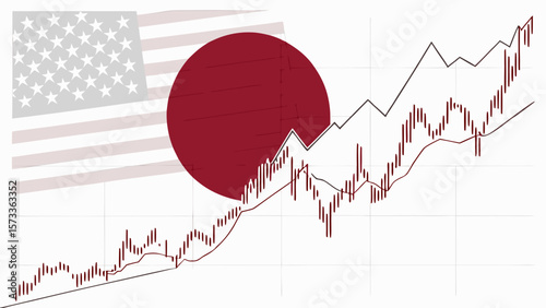 Us japan trade relations analysis with stock market chart and flags for financial investment trends