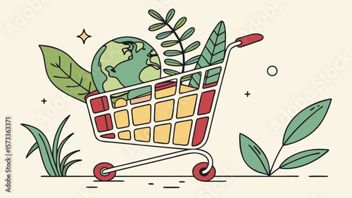 Sustainable shopping concept with globe and plants in cart for eco friendly lifestyle and earth day ideas