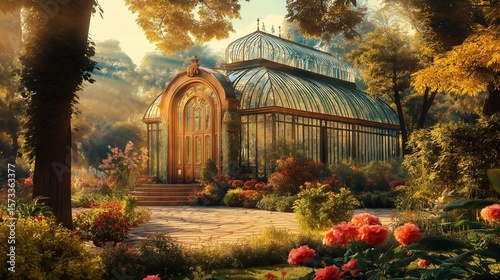 Lush greenery fills a sunlit conservatory with tropical plants and serene water features during a tranquil morning