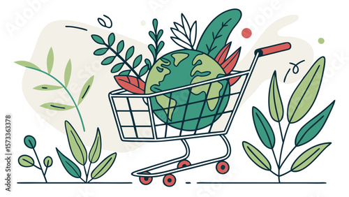 Sustainable shopping cart with earth globe and plants for eco friendly lifestyle concept vector design