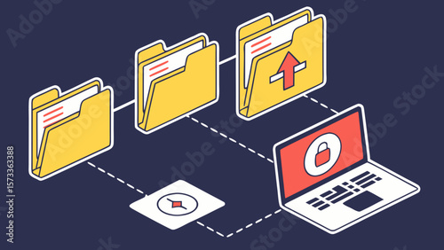 Secure data transfer illustration showing file upload process with folder and laptop security concept 100 char