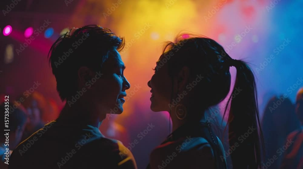 joyful Asian couple enjoying concert, standing under vivid stage lights with colorful smoke effects in background, ideal for music event promos, lifestyle visuals and relationship themed media