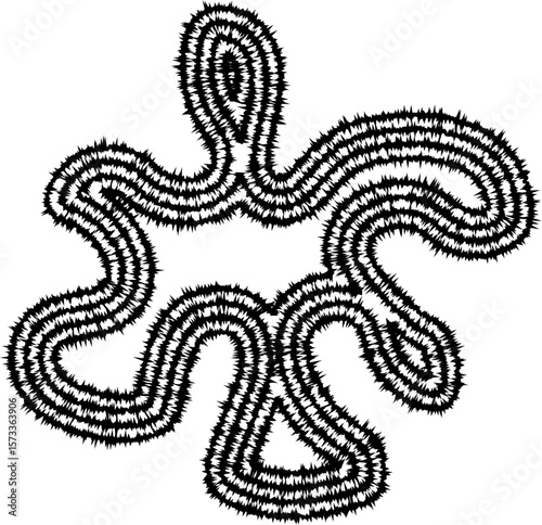 Abstract shape with protruding, dynamic curves formed by concentric irregular lines, creating an intricate and evolving structure.