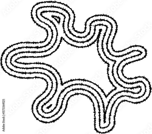 Shape with curvy extensions formed by concentric irregular lines, creating a dynamic, fluid, and organic figure.