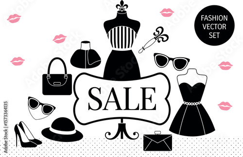 A fashion vector set featuring a sale sign, dresses, handbags, shoes and other fashion items


