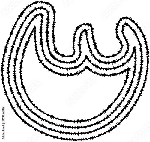 Dynamic trident-like shape with flowing concentric irregular lines, creating a sharp and fluid abstract figure.