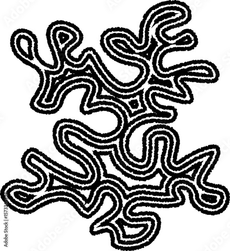 A complex abstract design formed by protruding, concentric curved lines creating an organic, irregular shape with dynamic movement.