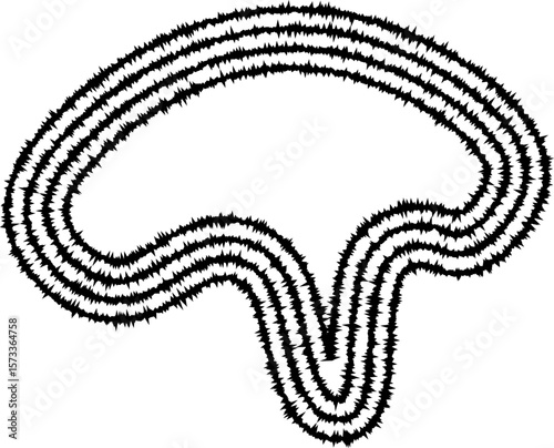 A freeform T-shape design formed by curved concentric lines, creating an abstract, dynamic shape with organic contours.