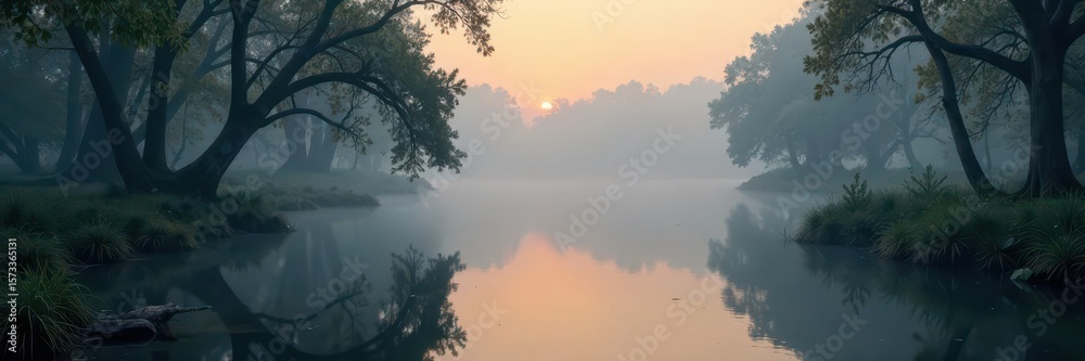 Fototapeta premium A serene swamp evening with spring water and misty lake, fog, serene, atmospheric