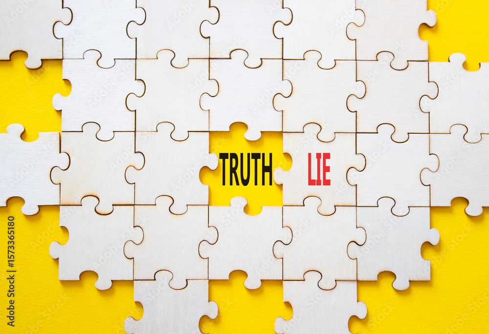 Obraz premium Truth or Lie symbol. Concept word Truth or Lie on wooden puzzle. Beautiful yellow background. Business and Truth or Lie concept. Copy space