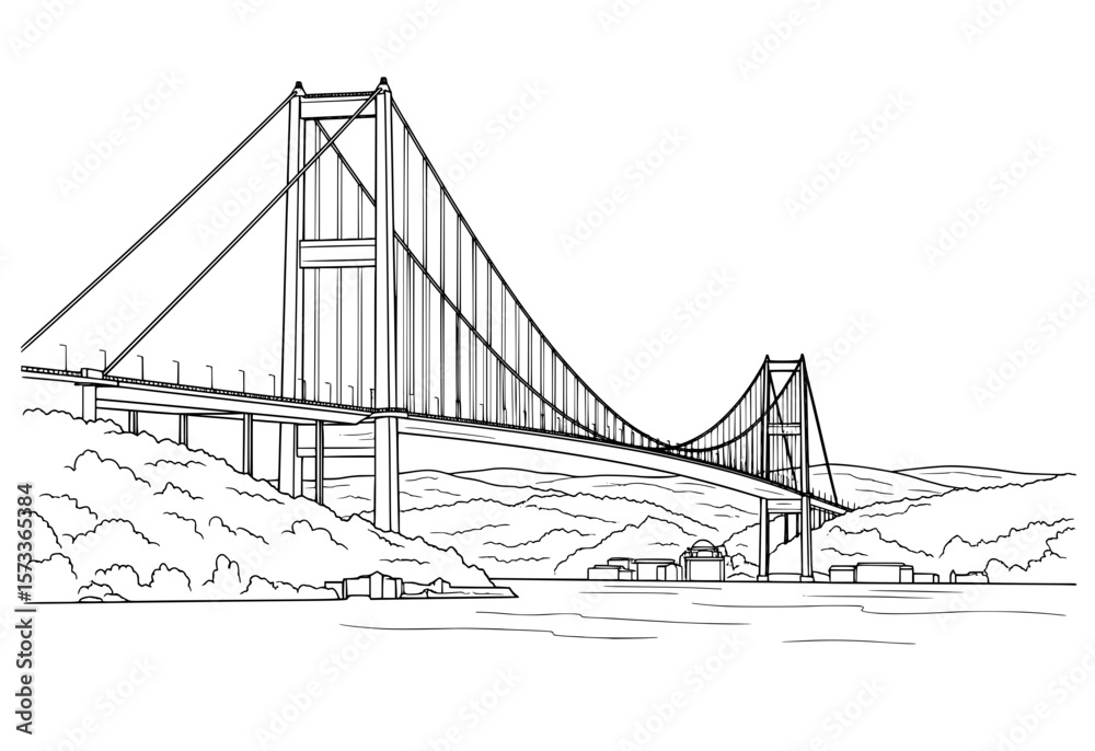 Fototapeta premium Suspension Bridge Line Art, Modern Bridge Outline Drawing, Iconic Bridge Sketch, Landscape with Bridge and Mountains Line Art