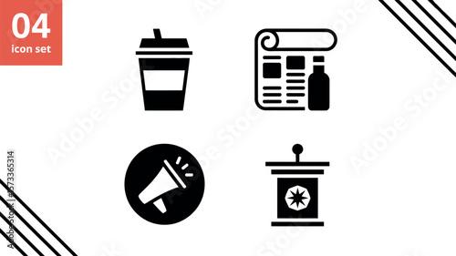A set of four black and white icons featuring a coffee cup, newspaper, megaphone, and podium design


