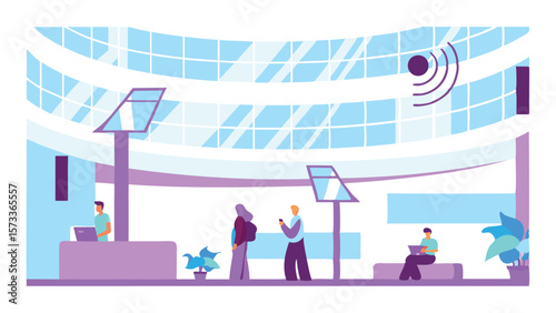 People in a modern building interior with large windows and wifi signal visible in the upper right corner