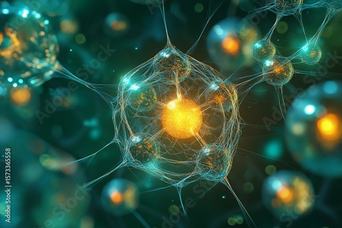 Atom with rotating electrons, energy and matter concept background