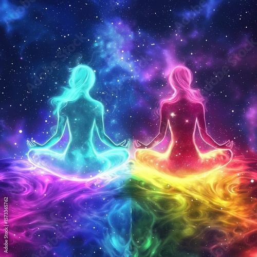 Glowing woman in lotus yoga pose
