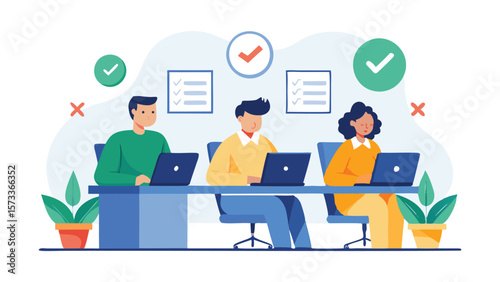 Three employees working on laptops at a desk with checklists and approval marks above them all day long