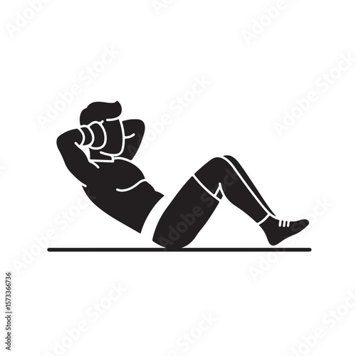 Focused silhouette of a man performing crunches on a flat surface, isolated with transparency