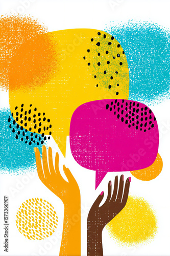 Halftone Collage of Hands Holding Colorful Speech Bubbles