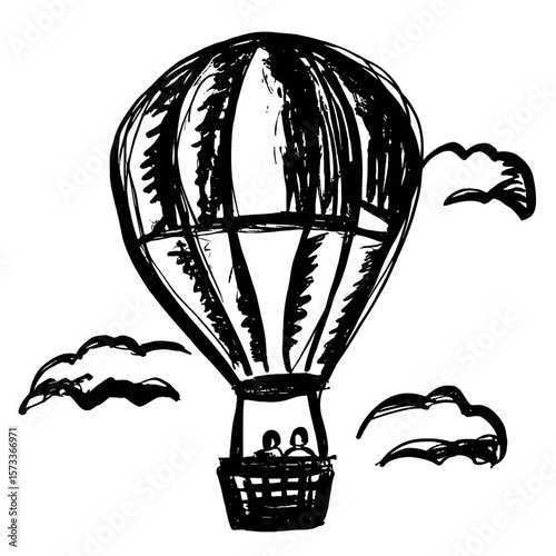 Hot air balloon flying with passengers in a sketched style  