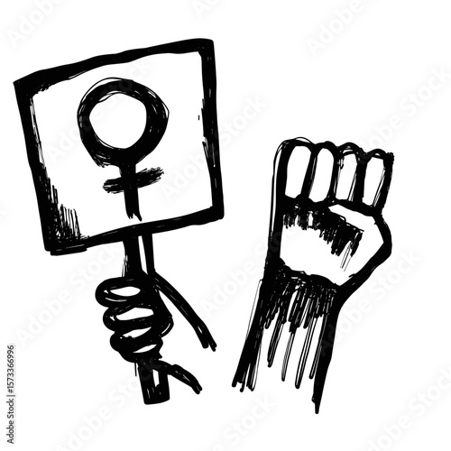 Hand holding feminist sign with female symbol and raised fist  