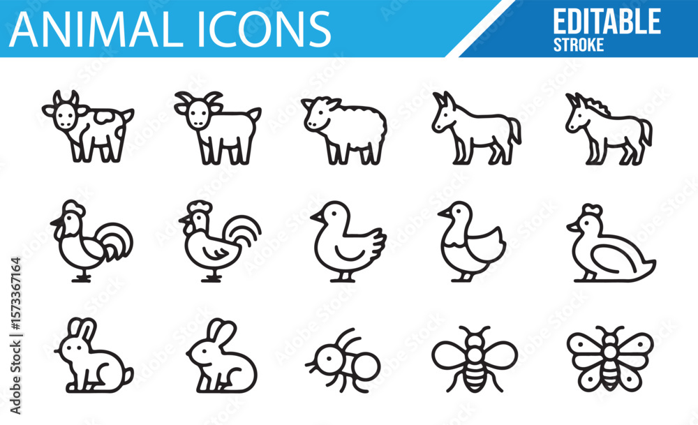 Fototapeta premium Editable Animal Icons Set, Vector Symbols for Farm, Wildlife, and Domestic Animals, Animal Illustrations for Digital and Graphic Design Projects