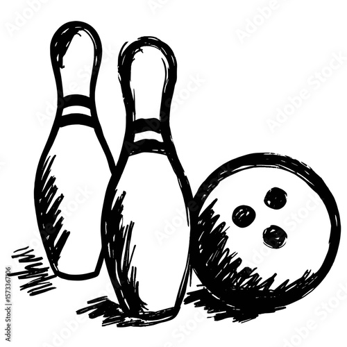 Bowling pins and ball in hand-drawn style on white background  