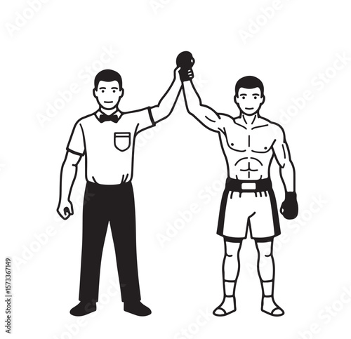 Referee raises the boxer's arm in victory; the athlete wears gloves in black outline